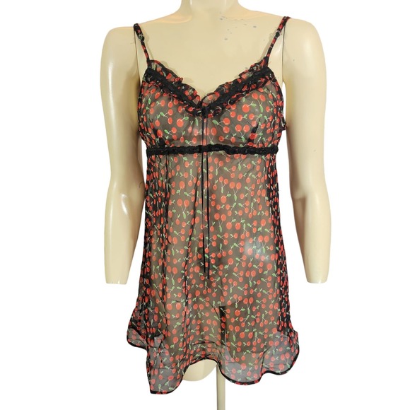 Jolie Intimates Size Large Black Red Cherry Lace Nightwear Camisole - Picture 1 of 6
